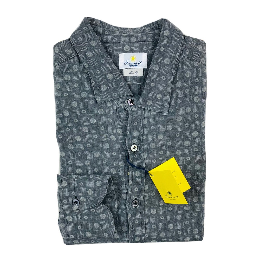 Giannetto Portofino Gray Patterned Linen Mens Button Front Slim Fit Shirt 16.5